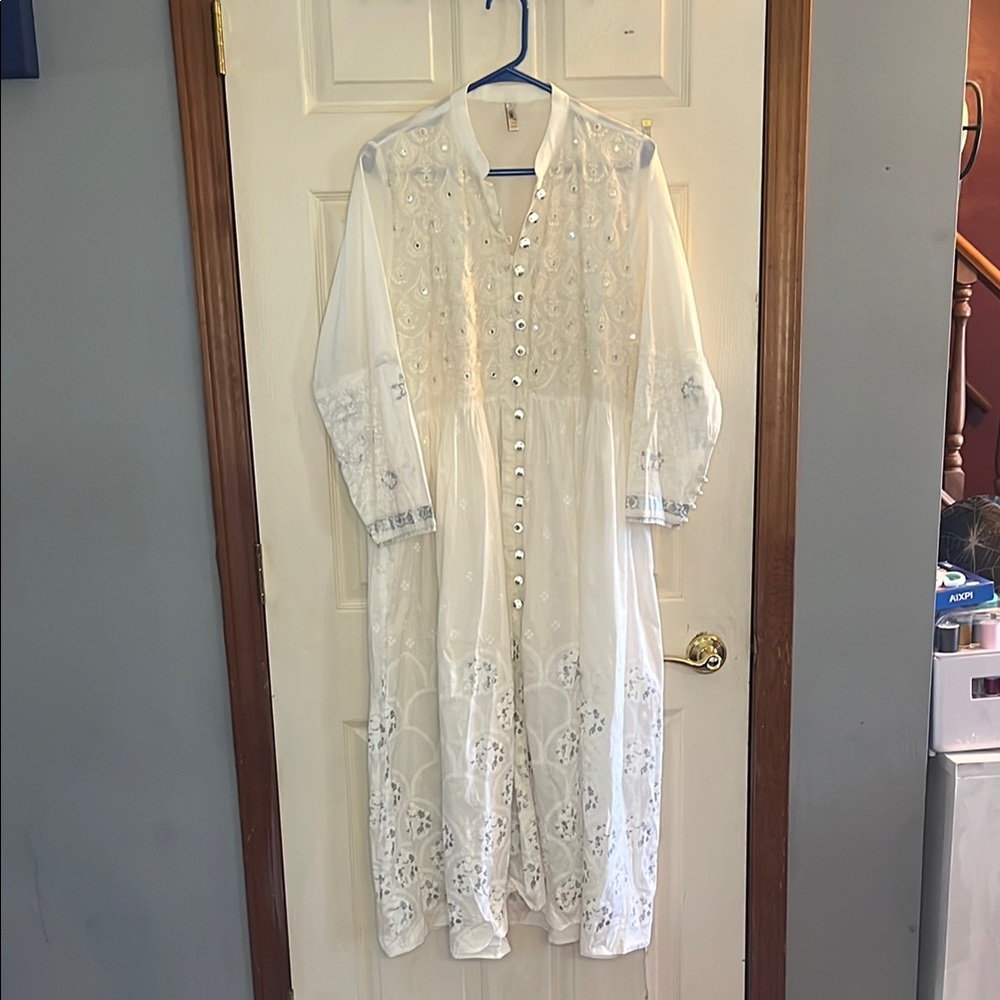 Ethnic by outfitters-L-White- button down, Bishop sleeve, semi sheer Maxi dress.